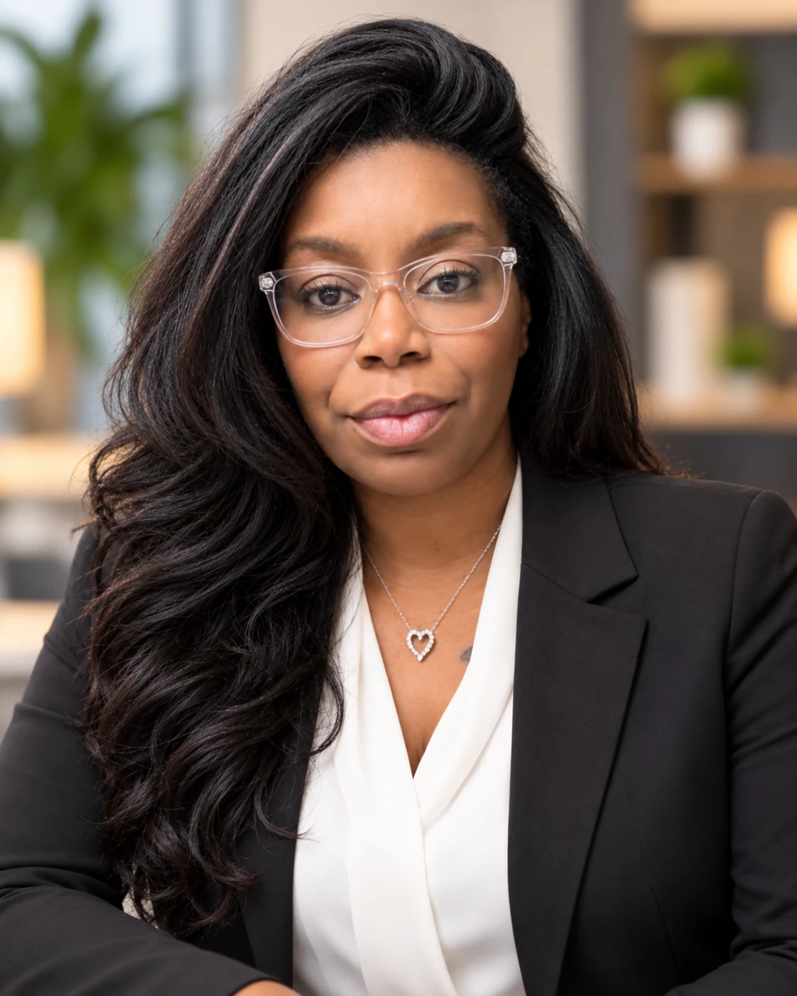 Amber wearing glasses, a black blazer, and a heart necklace