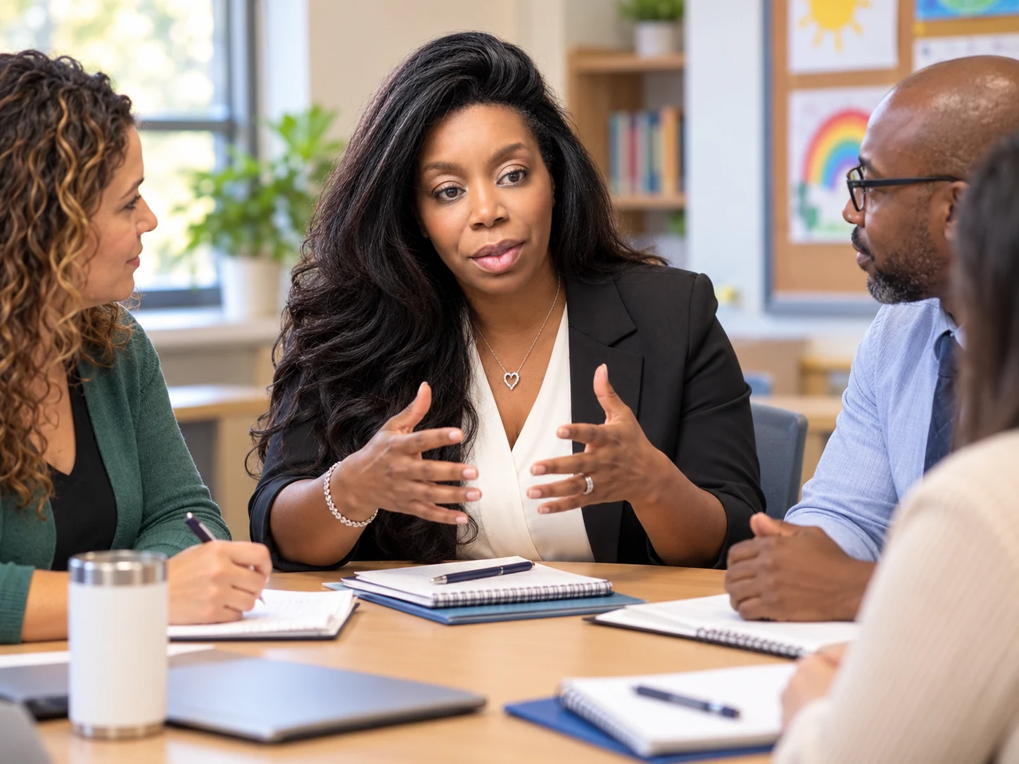 An advocate explaining an education plan during a school meeting with parents